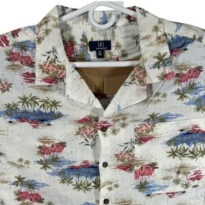 George Mens 2XL Cream Beach Scenic Tropical Camp Shirt Linen Blend New